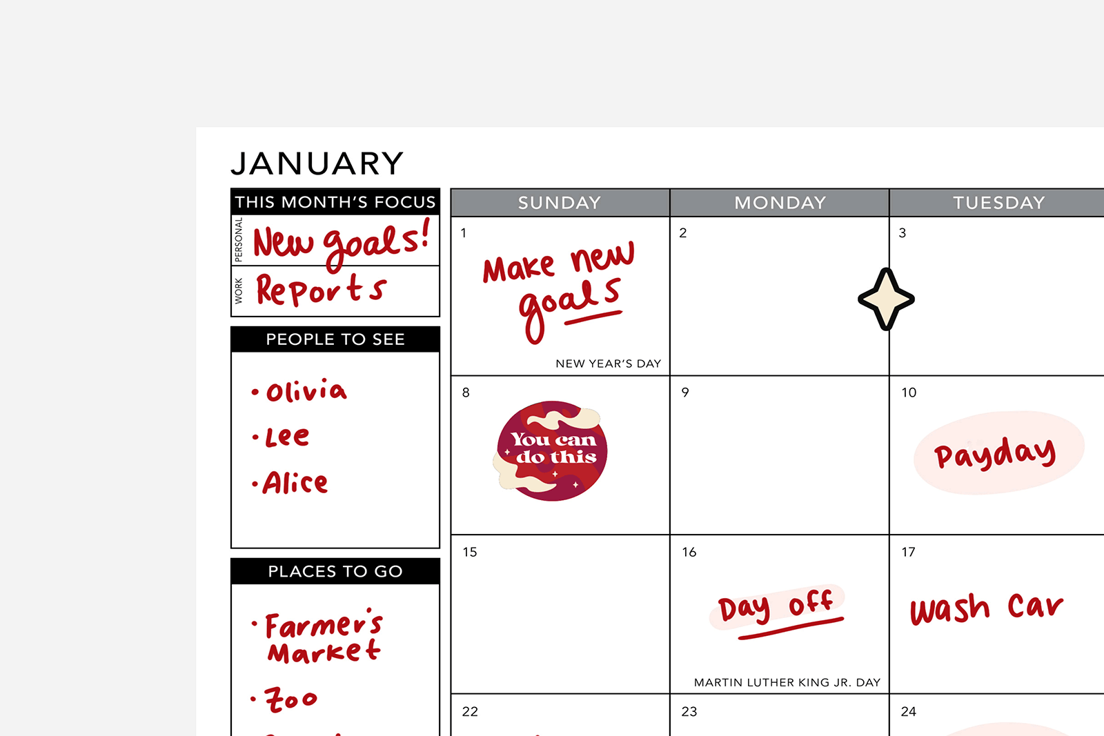 January monthly planner layout with stickers and writing