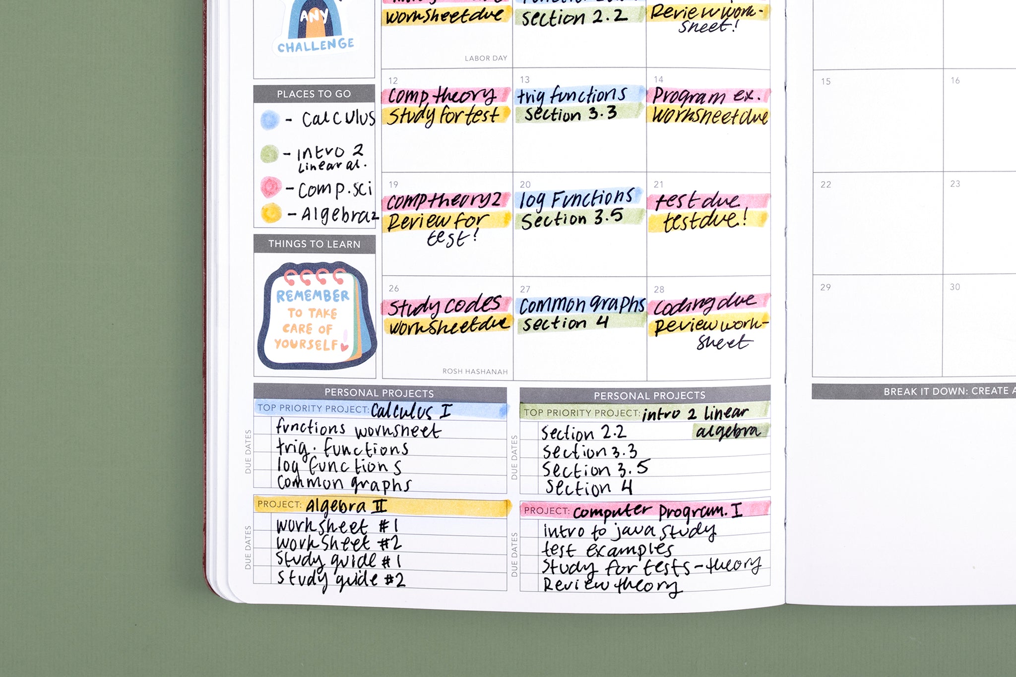 Close up of a monthly planner layout with class assignments  