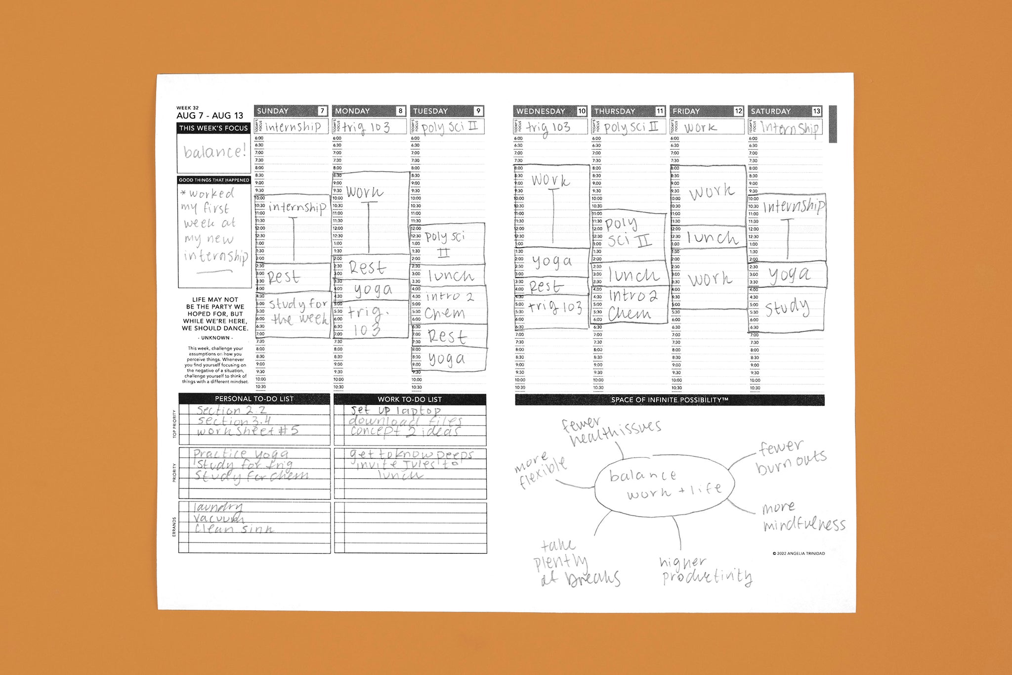 Free planner PDF printout with a mock schedule in pencil